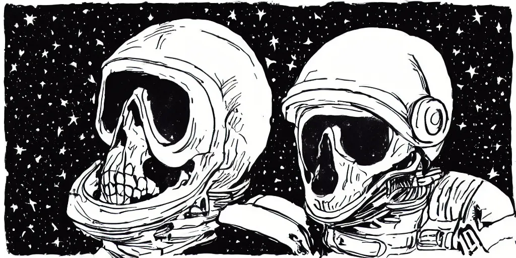 Prompt: ink portrait of a skull wearing a space helmet, chinese brush pen illustration, scifi, big clouds visible in the background, stars in the sky, high contrast, deep black tones