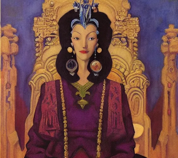 Image similar to an oil painting a queen standing in a throne room by nicholas roerich, by gustave moreau, by james hawe, by frank frazetta, by georgia o keeffe, highly detailed, realistic, realism, manierism, oil painting