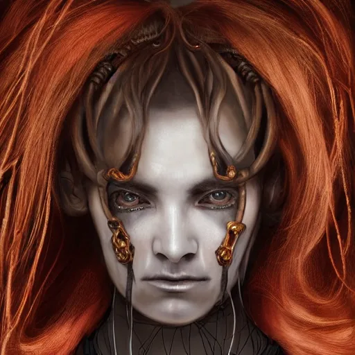 Image similar to portrait of a Shibari rope wrapped face and neck, headshot, insanely nice professional hair style, dramatic hair color, digital painting, of a old 15th century, old cyborg merchant, amber jewels, baroque, ornate clothing, scifi, realistic, hyperdetailed, chiaroscuro, concept art, art by Franz Hals and Jon Foster and Ayami Kojima and Amano and Karol Bak,