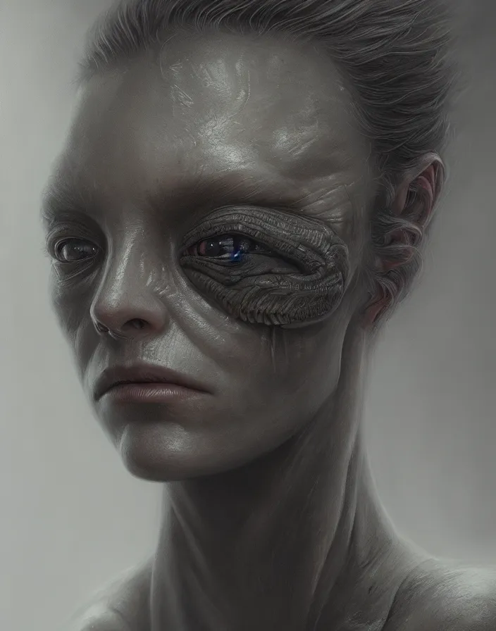 Image similar to Alien grey portrait, atmospheric lighting, painted, intricate, ultra detailed by Leesha Hannigan, Thierry Doizon, Kai Carpenter, well composed, best on artstation, cgsociety, epic, stunning, gorgeous, intricate detail, wow, masterpiece