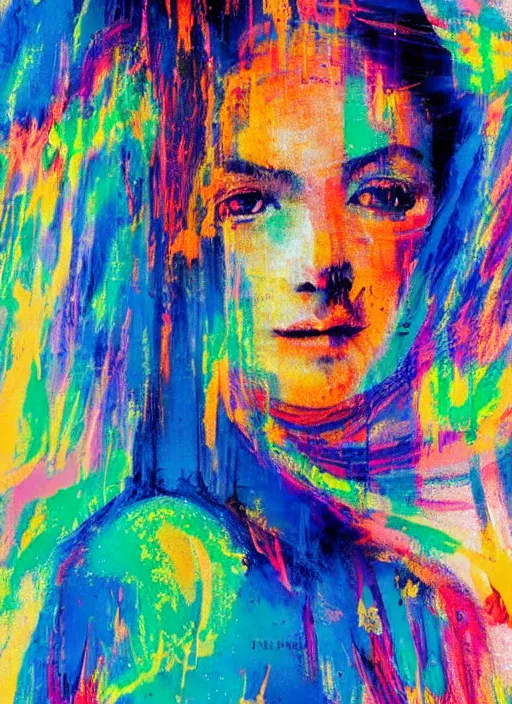 Image similar to an extreme close-up abstract portrait of a lady enshrouded in an impressionist representation of psychedelics and the meaning of life by Igor Scherbakov, abstract, thick visible brush strokes, close-up portrait by Anthony Cudahy and Rae Klein, minimalist vintage cover illustration by Mitchell Hooks