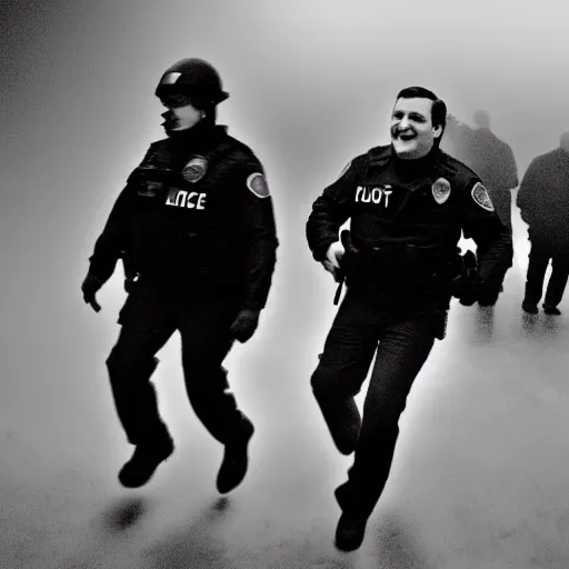 Prompt: Ted Cruz with a wide grin being chased down by multiple police officers, black and white, creepy lighting, foggy atmosphere, scary, horror, ornate, eerie, fear