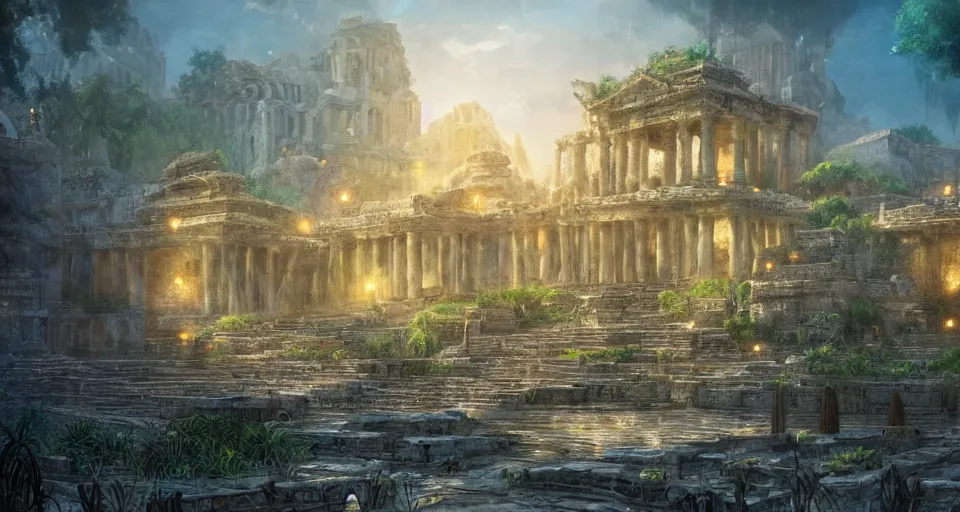 Prompt: ancient city of atlantis with big overgrown buildings in gold, fantasy, magical, cinematic, establishing shot, atmospheric lighting, extremely detailed, intricate, sharp focus, coherent, digital art, realistic