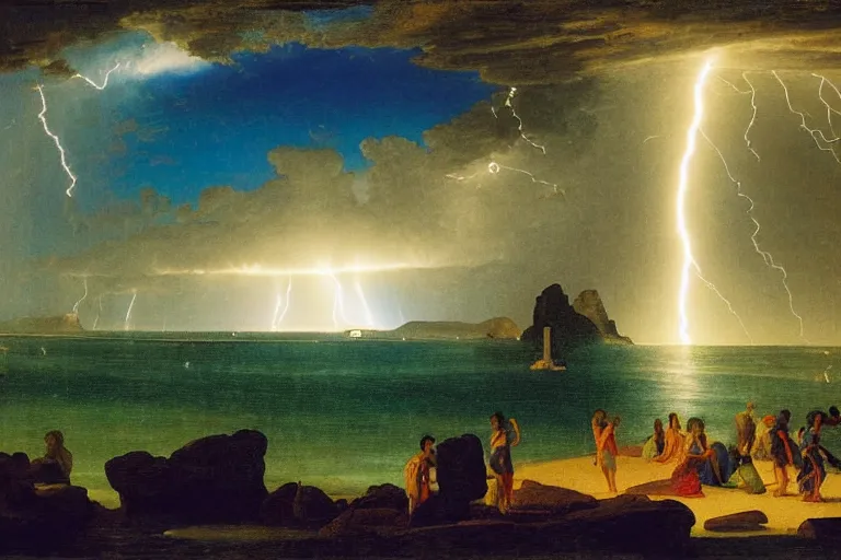 Image similar to The giant greek arch, refracted lightnings on the ocean, thunderstorm, greek pool, beach and Tropical vegetation on the background major arcana sky and occult symbols, by paul delaroche, hyperrealistic 4k uhd, award-winning, very detailed paradise