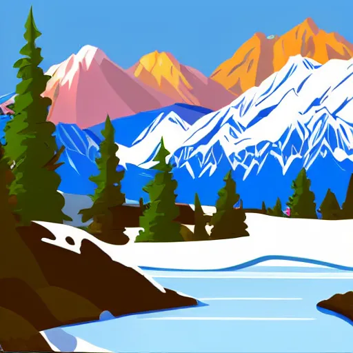 Prompt: flat design of Scenic fall landscape with snow-capped mountains in Denali National Park, Alaska, vivid colours, extremely colourful, magical, anime style, digital illustration, extremely realistic, accurate details, clean aesthetic, remove dirt and dust and scratches, denoise, smooth texture, 2d art