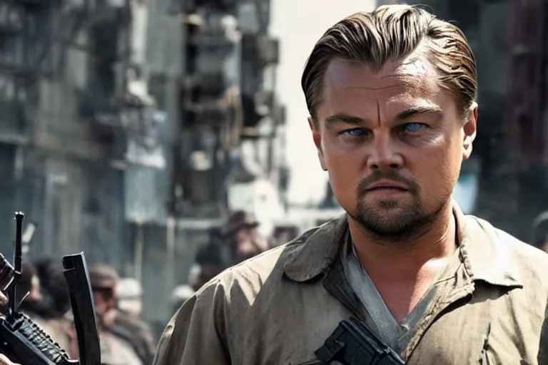 Prompt: close-up of Leonardo DiCaprio as a terrorist in the new movie directed by Adam McKay, movie still frame, promotional image, symmetrical shot, idiosyncratic, relentlessly detailed, limited colour palette