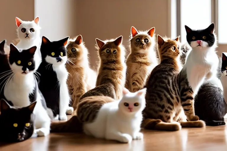 Image similar to a living room full of cats that are looking directly into the focal point of the camera