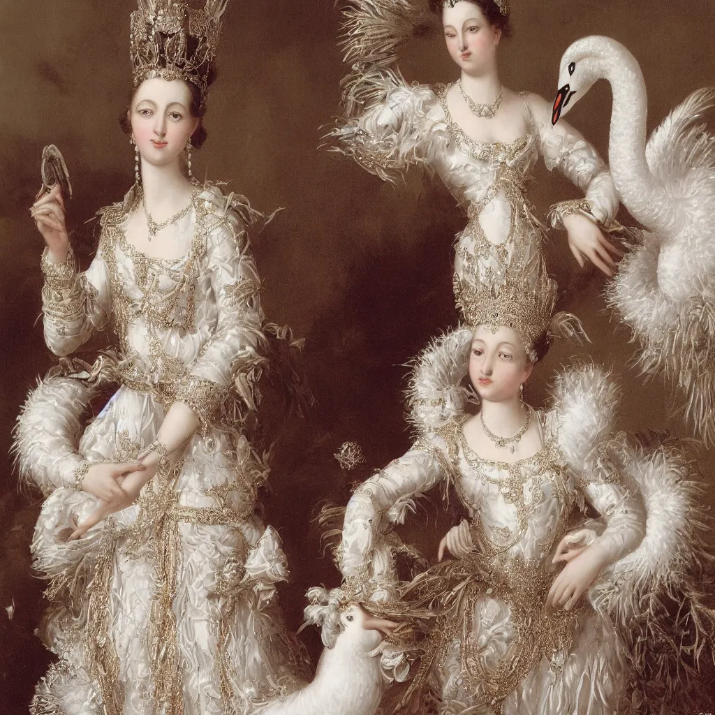 Prompt: queen _ with _ a _ decorated _ dress _ made _ of _ white _ pearls _ and _ white _ plumes _ of _ swan _ highly _ detailed _ digital _ painting