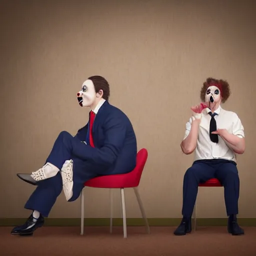 Prompt: Sad clowns are forced to listen to a boring man in a suit, during a business corporate meeting, in an office with charts. The clowns are crying. 8k digital art