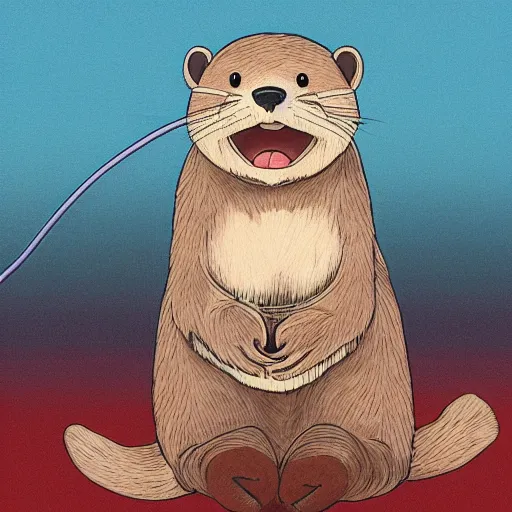 Image similar to otter with a headphone in the style of ghibli animations