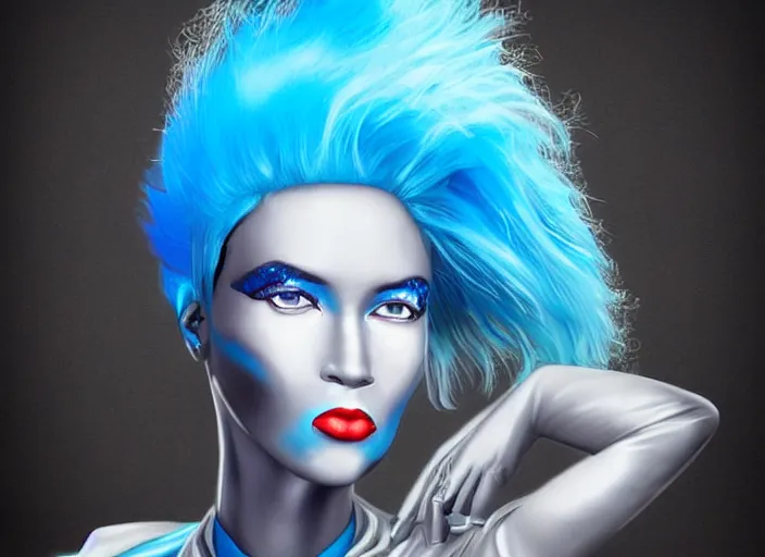 Prompt: a woman with blue hair wearing a futuristic outfit by hedi xandt, trending on behance, afrofuturism, futuristic, airbrush art, future tech