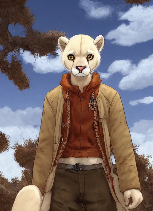 Prompt: character portrait of a anthro! albino mountain lion wearing miner's clothes. hidari, color page, tankoban, 4K, tone mapping, Akihiko Yoshida.