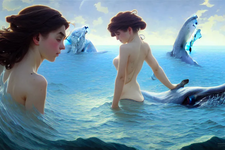 Image similar to painting of a panorama distance view of under the water, wearing beautiful clothes, hyper detailed cg rendering of a cute girl and whale, elegant, highly detailed, digital painting, artstation, concept art, smooth, sharp focus, illustration, art by artgerm and greg rutkowski and alphonse mucha, 8 k