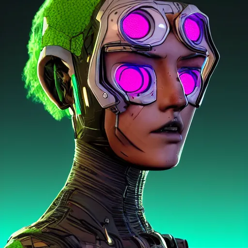 Image similar to cyberpunk fashion, character design humanoid, borderlands 3 style, profile portrait, concept art character modeling, body made of green lava and fire, marvelous designer, z brush, maya, digital 3 d, 4 k, epic size, epic scale, ultra detailed digital art, furry art, macro art, deviantart, realistic