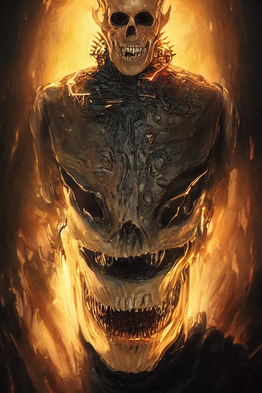 Image similar to Portrait of James Hetfield face transforming in Ghost Rider, marvel comics, dark, intricate, highly detailed, smooth, artstation, digital illustration by Ruan Jia and Mandy Jurgens and Artgerm and Wayne Barlowe and Greg Rutkowski and Zdislav Beksinski