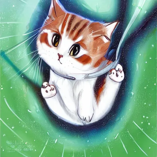 Image similar to art by Kawacy, cute cat sliding down a water slide