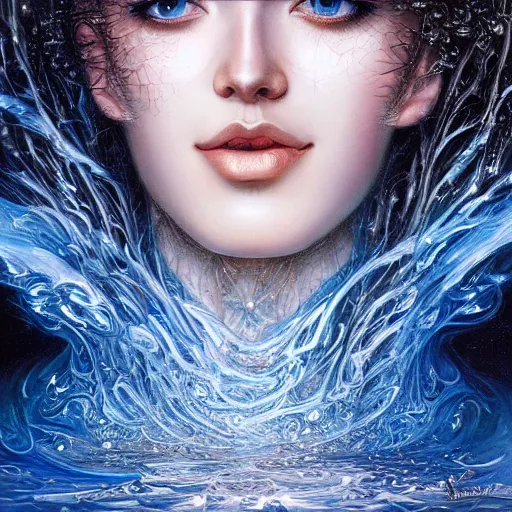 Image similar to a beautiful fractal manipulating water by karol bak, ayami kojima, artgerm, river, water, blue eyes, smile, concept art, fantasy