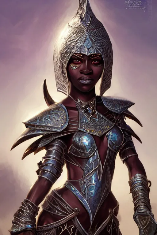 Image similar to african drow princess, wearing armour, highly detailed, d & d, fantasy, highly detailed, digital painting, trending on artstation, concept art, sharp focus, illustration, global illumination, ray tracing, realistic shaded, art by artgerm and greg rutkowski and thomas cole and wayne barlowe