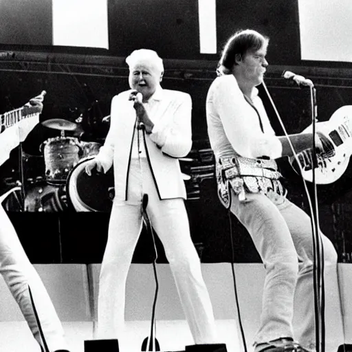 Prompt: david attenborough on stage with queen at live aid