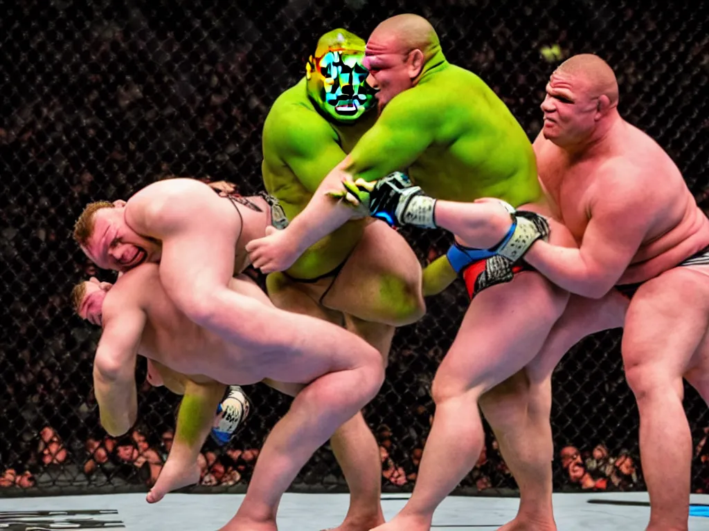 Prompt: Shrek and Barney fighting in an MMA match, sports photography