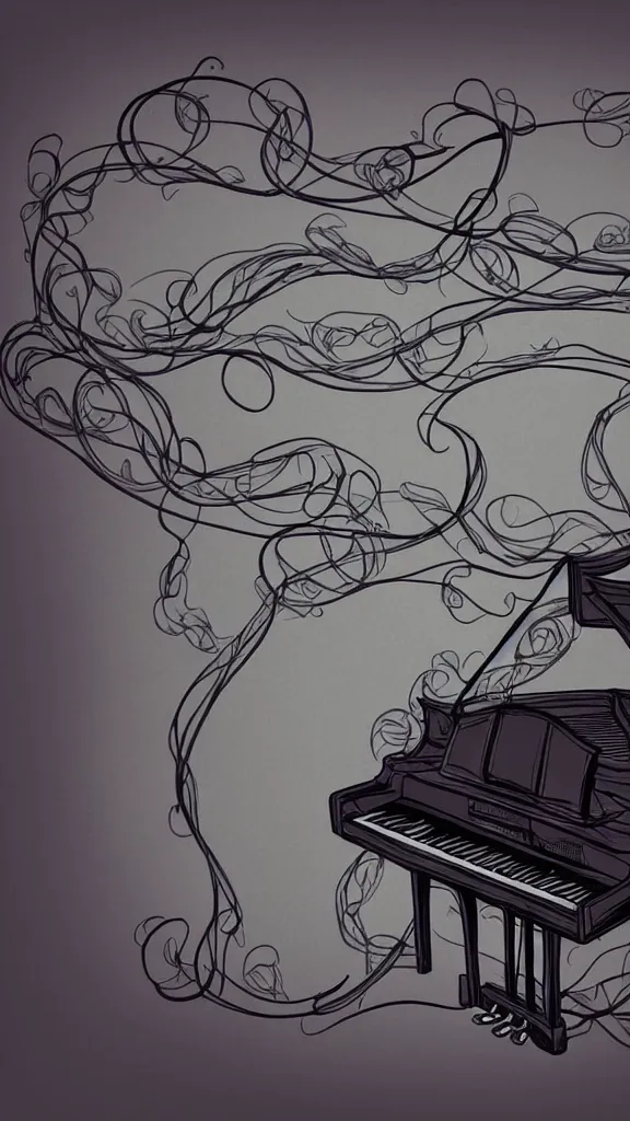 Image similar to a piano with long thick vines wrapping around it, fantasy art, art station, grey background, the piano is in the center