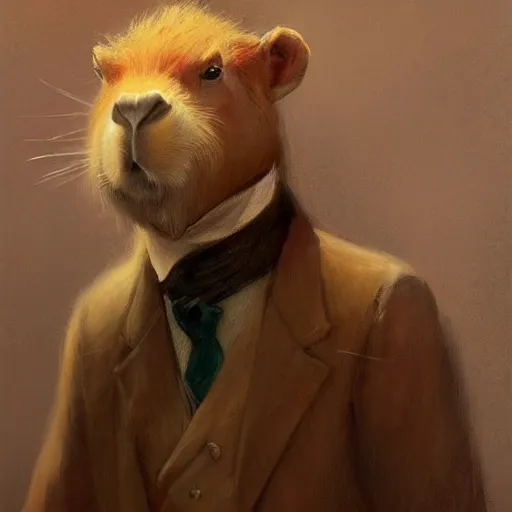 Image similar to portrait of a proud capybara dressed as a gentleman, artwork by gaston bussiere, craig mullins, trending on artstation, capybara wearing a gentleman's uniform