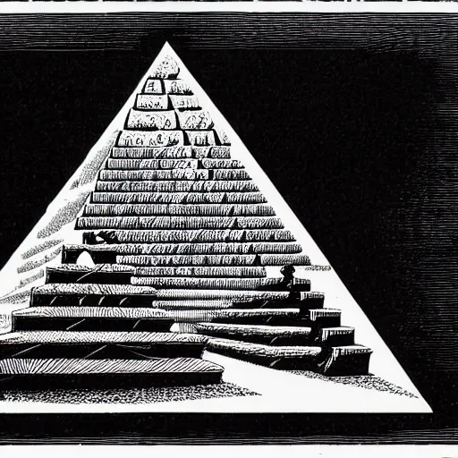 Image similar to an ornate illustration in the style of mandalic escher, wood engraving print, depicting a pyramid