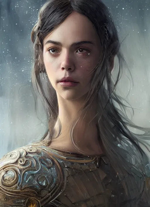 Image similar to a professional portrait of a beautiful young female, clothed in ethereal battle armor, olive skin, long dark hair, beautiful bone structure, symmetrical facial features, intricate, elegant, digital painting, concept art, smooth, sharp focus, finely detailed, illustration, from Valerian and the City of a Thousand Planets, in the style of Ruan Jia and Mandy Jurgens and Artgerm and Greg Rutkowski and William-Adolphe Bouguerea