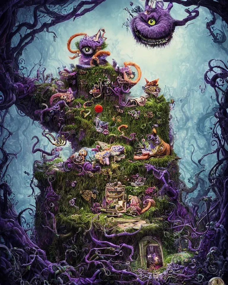 Image similar to Hyperdetailed Fear and Loathing in Wonderland Cheshire Cat fantasy art by Nekro and Seb McKinnon, unstirred paint, vivid color, cgsociety 4K.
