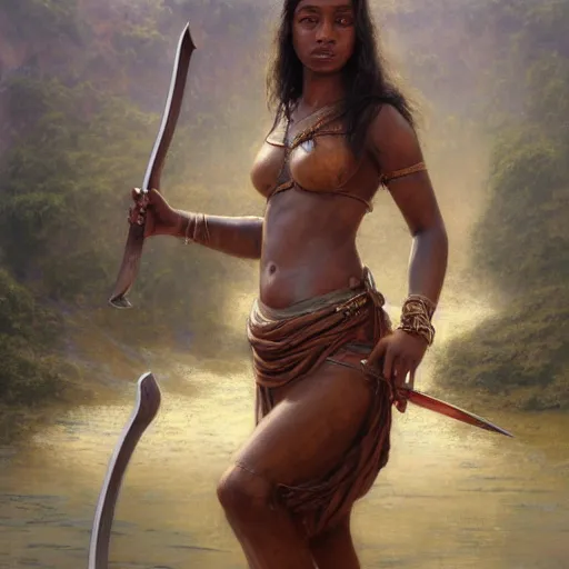 Image similar to artstation concept of a beautiful girl holding a sword in both hands, brown skin, sweaty skin, symmetrical face, casual white garment, brown canyon background, shiny colorful, hyperdetailed, artstation trending, world renowned artists, worth1000.com, historic artworks society, antique renewel, cgsociety, by greg rutkowski, by Gustave Dore, Deviantart