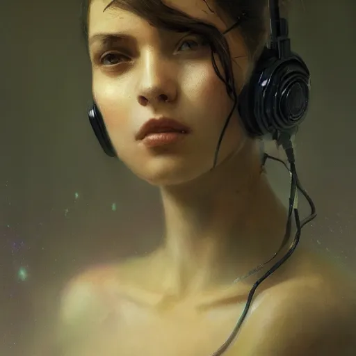 Prompt: A portrait of a beautiful cyperpunk girl, headset, cables, control lights, ancient art, art by greg rutkowski, matte painting, trending on art station