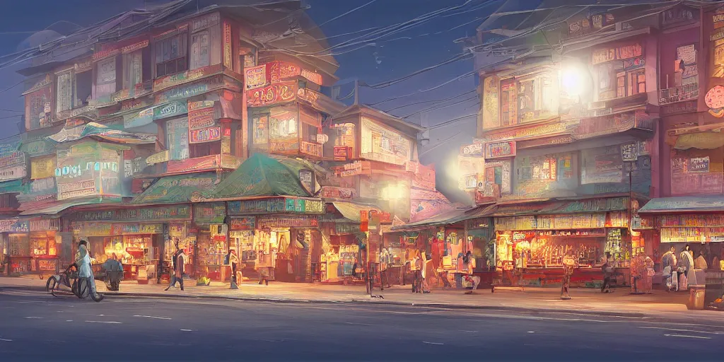 Image similar to little india sundry shop, old cinema, post office, evening, highly detailed matte painting, studio ghibli, artstation