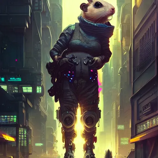 Image similar to A cyberpunk hamster cyborg on the street of a cyberpunk city, sci-fi, fantasy, intricate, very very beautiful, elegant, highly detailed, digital painting, artstation, concept art, smooth, sharp focus, illustration, art by artgerm and greg rutkowski and alphonse mucha