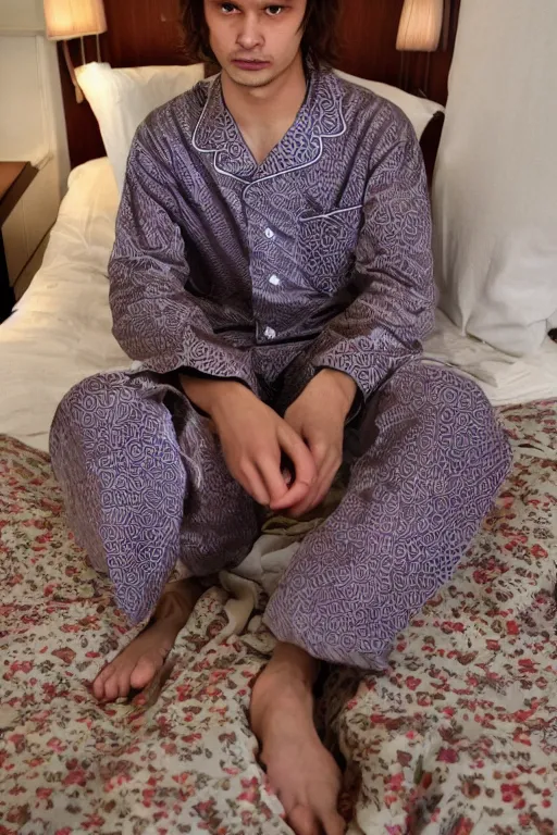 Prompt: frank dillane wearing pajamas with feet, sleepy, adorable, cute, intricate, detailed, trending on artstation, coherent