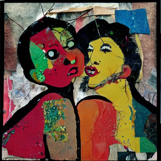 Image similar to two women kissing at a carnival, mixed media collage, retro, paper collage, magazine collage, acrylic paint splatters, bauhaus, claymation, layered paper art, sapphic visual poetry expressing the utmost of desires by jackson pollock