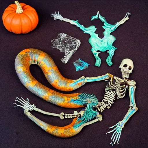 Image similar to stop motion bipedal halloween eel snake skeleton fantasy mermaid with a fish bone body, wearing a magic imbued mage top with gold accent jewelry, inside a handcrafted cardboard dock to look at the hand painted night sky full of glittery star stickers and glow in the dark star stickers over a shredded paper sea, adorable, charming, macro camera lens