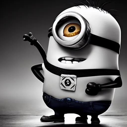 Image similar to black & white epic!!! photograph of a minion from “ despicable me ” in the gym, motivational poster, highly detailed, cinematic lighting, photo, award - winning photograph, professional photograph, dramatic posing, 8 k quality, dramatic rim lighting, high quality