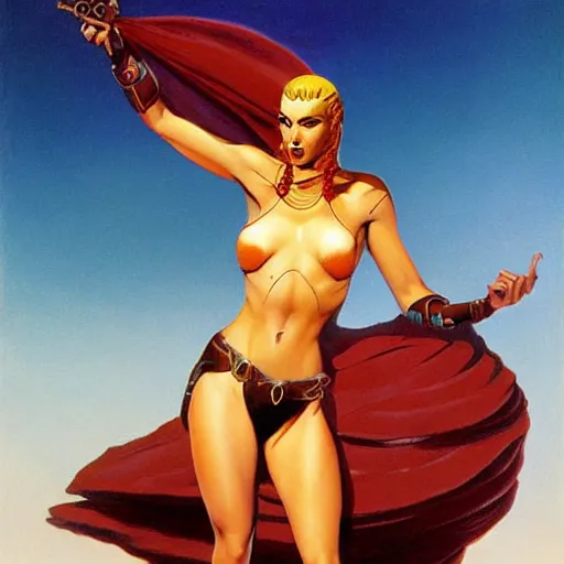 Image similar to princess of mars but with gal godot, photorealistic painting by frank frazetta and boris vallejo