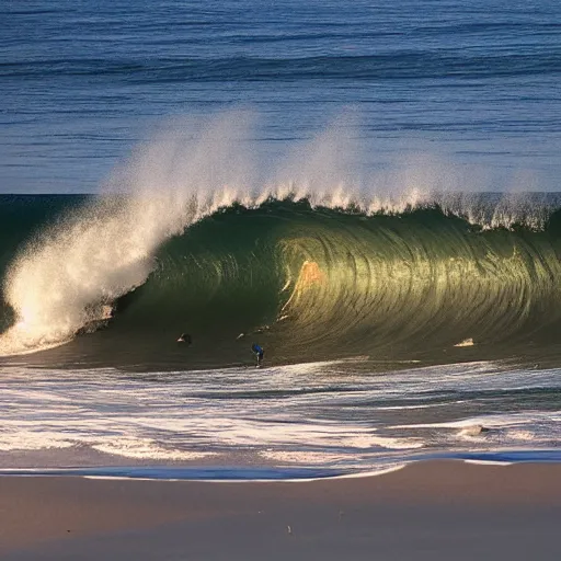 Prompt: perfect wave breaking in shallow clear water front view, hollister ranch, offshore winds, kelp, islands on horizon, oil dereks on horizon, late afternoon, fall, central california