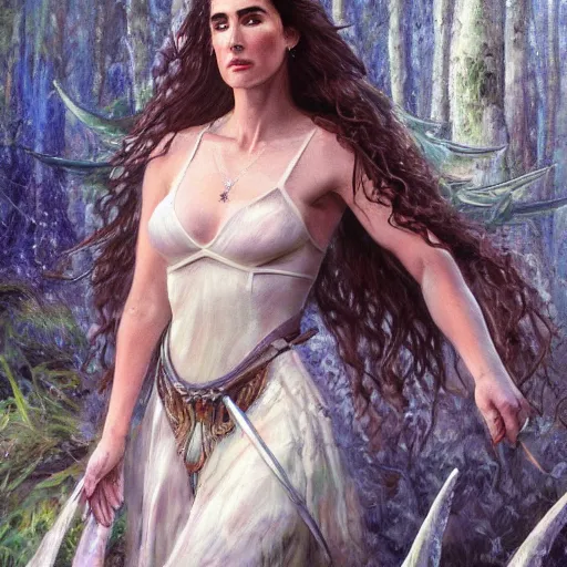 Image similar to A beautiful detailed painting of jennifer connelly as a female angel warrior in a magical forest by john sargent and Kalin Popov , Trending on artstation HD.