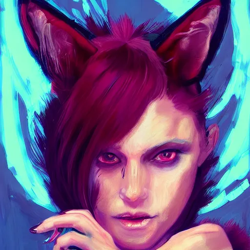 Prompt: a painting of a woman with a fox on her head, cyberpunk art by Sam Spratt, featured on Artstation, furry art, darksynth, artstation hd, 2d game art