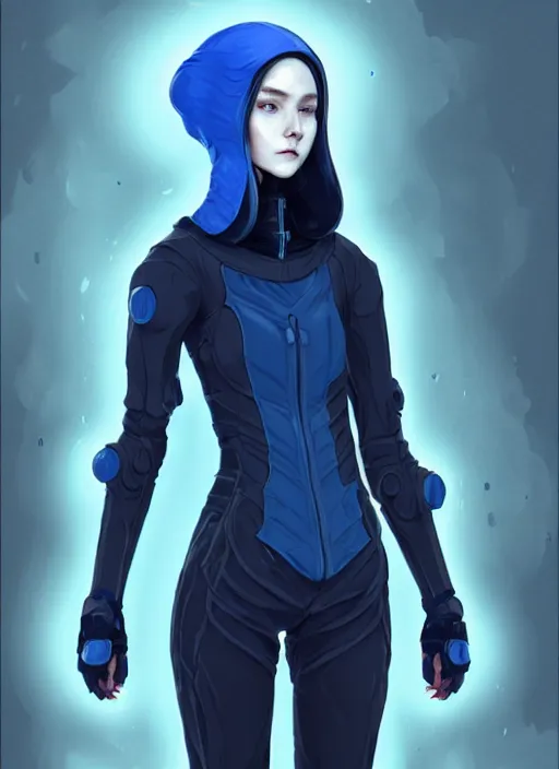 Prompt: full body portrait of blue witch within a techwear. cynical face, concept art, character illustrations, intricate, highly detailed 8 k, smooth, sharp focus, beautiful and aesthetic shape of face and body, artgerm, artstation, art by zexi guo and nira and junpei suzuki and gharliera and rinotuna