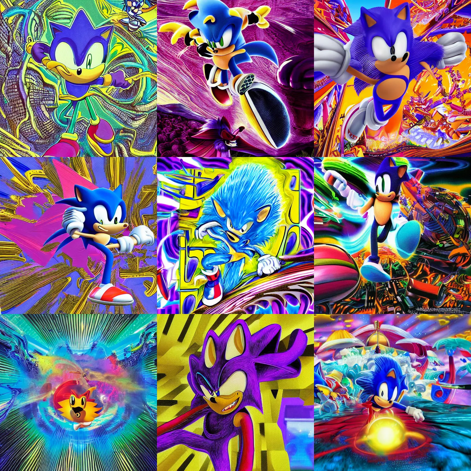 Image similar to sonic closeup of surreal, sharp, detailed professional, high quality airbrush art MGMT album cover of a liquid dissolving LSD DMT sonic the hedgehog surfing through cyberspace, purple checkerboard background, 1990s 1992 Sega Genesis video game album cover