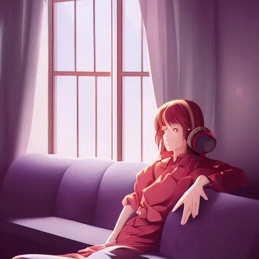 Prompt: girl sits on the sofa and listens to music, the sun shines through the window, highly detailed, 8 k, in style of kyoto animation, art by artgerm