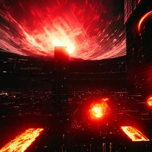 Image similar to a black hole is destroying a gothic cyberpunk City, catastrophic, fire and explosions, the feeling of dread, photorealistic, octane render, unreal engine