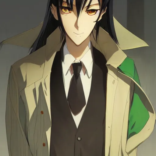 Image similar to full body portrait character concept art, anime key visual of decadent green long straight hair young anime male in black suit, green long straight hair and brown eyes, finely detailed perfect face studio lighting delicate features directed gaze, gapmoe kuudere grimdark, trending on pixiv fanbox, painted by greg rutkowski makoto shinkai takashi takeuchi studio ghibli