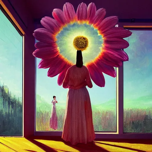 Prompt: giant daisy flower as head, woman standing next to modern window in luxury loft, surreal photography, sunlight, impressionist painting, digital painting, artstation, simon stalenhag