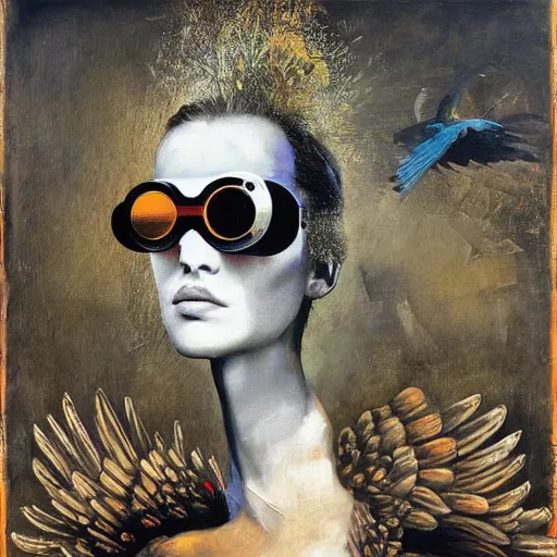 Prompt: a bird with virtual reality glasses, oil on canvas by dave mckean and ivan shishkin