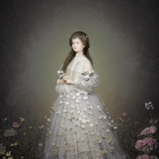 Prompt: 8k, octane render, realism, tonalism, renaissance, rococo, baroque, portrait of a young lady wearing long white and pale grey manga dress with flowers and skulls, background chaotic gold leaf flowers