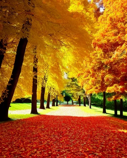 Prompt: Golden autumn, Spreads out Spreads out the leaves, Colorful leaves are lying on the ground, colorful autumn trees, red-yellow colors, carpet, light, peaceful, calm, serene, soothing, relaxed, placid, comforting, cosy, tranquil, quiet,pastel, delicate, graceful, subtle, balmy, mild, ethereal, elegant, tender, soft, light